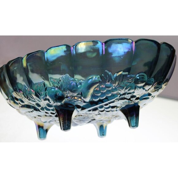 VTG Indiana Carnival Glass Blue Grapes Footed Harvest Fruit Bowl Iridescent - Picture 10 of 10
